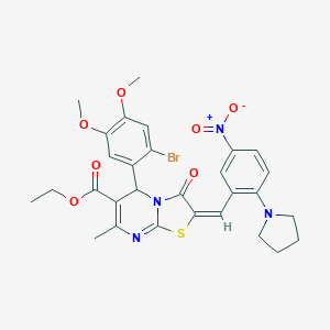 molecular formula C29H29BrN4O7S B306868 ethyl 5-(2-bromo-4,5-dimethoxyphenyl)-2-[5-nitro-2-(1-pyrrolidinyl)benzylidene]-7-methyl-3-oxo-2,3-dihydro-5H-[1,3]thiazolo[3,2-a]pyrimidine-6-carboxylate 