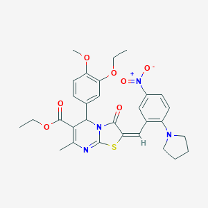 molecular formula C30H32N4O7S B306869 ethyl 5-(3-ethoxy-4-methoxyphenyl)-2-[5-nitro-2-(1-pyrrolidinyl)benzylidene]-7-methyl-3-oxo-2,3-dihydro-5H-[1,3]thiazolo[3,2-a]pyrimidine-6-carboxylate 