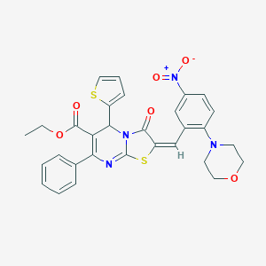 molecular formula C30H26N4O6S2 B306870 ethyl 2-[5-nitro-2-(4-morpholinyl)benzylidene]-3-oxo-7-phenyl-5-(2-thienyl)-2,3-dihydro-5H-[1,3]thiazolo[3,2-a]pyrimidine-6-carboxylate 