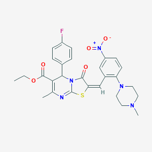 molecular formula C28H28FN5O5S B306872 ethyl (2E)-5-(4-fluorophenyl)-7-methyl-2-[2-(4-methylpiperazin-1-yl)-5-nitrobenzylidene]-3-oxo-2,3-dihydro-5H-[1,3]thiazolo[3,2-a]pyrimidine-6-carboxylate 