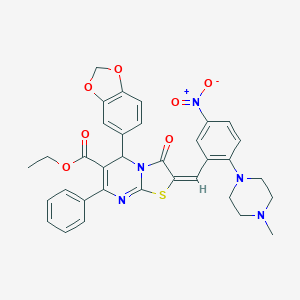 molecular formula C34H31N5O7S B306875 ethyl (2E)-5-(1,3-benzodioxol-5-yl)-2-[2-(4-methylpiperazin-1-yl)-5-nitrobenzylidene]-3-oxo-7-phenyl-2,3-dihydro-5H-[1,3]thiazolo[3,2-a]pyrimidine-6-carboxylate 