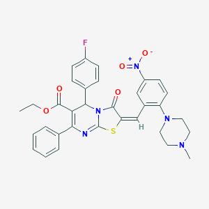 molecular formula C33H30FN5O5S B306876 ethyl 5-(4-fluorophenyl)-2-[5-nitro-2-(4-methyl-1-piperazinyl)benzylidene]-3-oxo-7-phenyl-2,3-dihydro-5H-[1,3]thiazolo[3,2-a]pyrimidine-6-carboxylate 