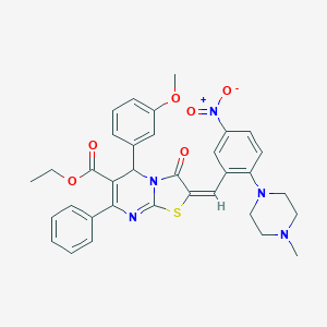 molecular formula C34H33N5O6S B306877 ethyl 2-[5-nitro-2-(4-methyl-1-piperazinyl)benzylidene]-5-(3-methoxyphenyl)-3-oxo-7-phenyl-2,3-dihydro-5H-[1,3]thiazolo[3,2-a]pyrimidine-6-carboxylate 