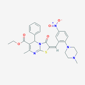 molecular formula C28H29N5O5S B306883 ethyl 2-[5-nitro-2-(4-methyl-1-piperazinyl)benzylidene]-7-methyl-3-oxo-5-phenyl-2,3-dihydro-5H-[1,3]thiazolo[3,2-a]pyrimidine-6-carboxylate 