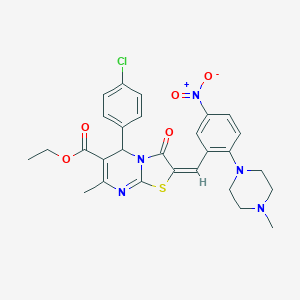 molecular formula C28H28ClN5O5S B306884 ethyl 5-(4-chlorophenyl)-2-[5-nitro-2-(4-methyl-1-piperazinyl)benzylidene]-7-methyl-3-oxo-2,3-dihydro-5H-[1,3]thiazolo[3,2-a]pyrimidine-6-carboxylate 