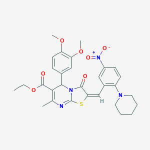 molecular formula C30H32N4O7S B306890 ethyl 5-(3,4-dimethoxyphenyl)-2-[5-nitro-2-(1-piperidinyl)benzylidene]-7-methyl-3-oxo-2,3-dihydro-5H-[1,3]thiazolo[3,2-a]pyrimidine-6-carboxylate 
