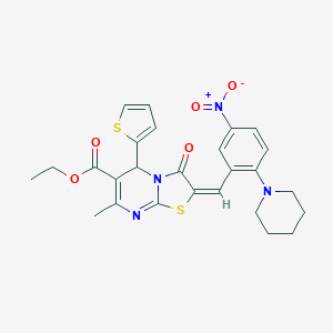 molecular formula C26H26N4O5S2 B306891 ethyl 2-[5-nitro-2-(1-piperidinyl)benzylidene]-7-methyl-3-oxo-5-(2-thienyl)-2,3-dihydro-5H-[1,3]thiazolo[3,2-a]pyrimidine-6-carboxylate 