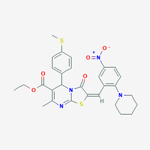 molecular formula C29H30N4O5S2 B306892 ethyl 2-[5-nitro-2-(1-piperidinyl)benzylidene]-7-methyl-5-[4-(methylsulfanyl)phenyl]-3-oxo-2,3-dihydro-5H-[1,3]thiazolo[3,2-a]pyrimidine-6-carboxylate 