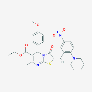 molecular formula C29H30N4O6S B306893 ethyl 2-[5-nitro-2-(1-piperidinyl)benzylidene]-5-(4-methoxyphenyl)-7-methyl-3-oxo-2,3-dihydro-5H-[1,3]thiazolo[3,2-a]pyrimidine-6-carboxylate 