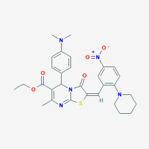 molecular formula C30H33N5O5S B306894 ethyl 5-[4-(dimethylamino)phenyl]-2-[5-nitro-2-(1-piperidinyl)benzylidene]-7-methyl-3-oxo-2,3-dihydro-5H-[1,3]thiazolo[3,2-a]pyrimidine-6-carboxylate 