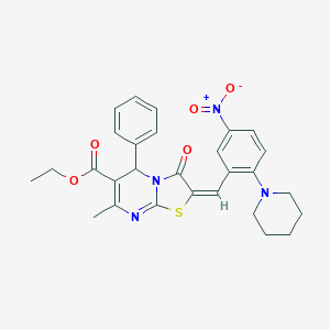 molecular formula C28H28N4O5S B306895 ethyl 2-[5-nitro-2-(1-piperidinyl)benzylidene]-7-methyl-3-oxo-5-phenyl-2,3-dihydro-5H-[1,3]thiazolo[3,2-a]pyrimidine-6-carboxylate 