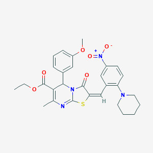 molecular formula C29H30N4O6S B306897 ethyl 2-[5-nitro-2-(1-piperidinyl)benzylidene]-5-(3-methoxyphenyl)-7-methyl-3-oxo-2,3-dihydro-5H-[1,3]thiazolo[3,2-a]pyrimidine-6-carboxylate 