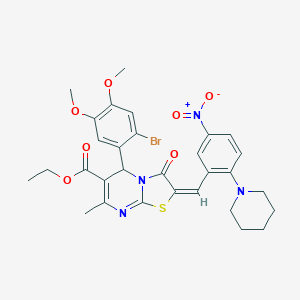 molecular formula C30H31BrN4O7S B306898 ethyl 5-(2-bromo-4,5-dimethoxyphenyl)-2-[5-nitro-2-(1-piperidinyl)benzylidene]-7-methyl-3-oxo-2,3-dihydro-5H-[1,3]thiazolo[3,2-a]pyrimidine-6-carboxylate 