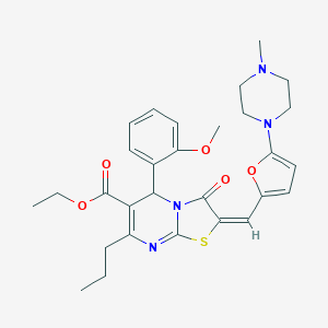 molecular formula C29H34N4O5S B306905 ethyl5-(2-methoxyphenyl)-2-{[5-(4-methyl-1-piperazinyl)-2-furyl]methylene}-3-oxo-7-propyl-2,3-dihydro-5H-[1,3]thiazolo[3,2-a]pyrimidine-6-carboxylate 