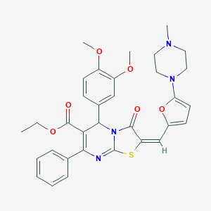 molecular formula C33H34N4O6S B306907 ethyl 5-(3,4-dimethoxyphenyl)-2-{[5-(4-methyl-1-piperazinyl)-2-furyl]methylene}-3-oxo-7-phenyl-2,3-dihydro-5H-[1,3]thiazolo[3,2-a]pyrimidine-6-carboxylate 