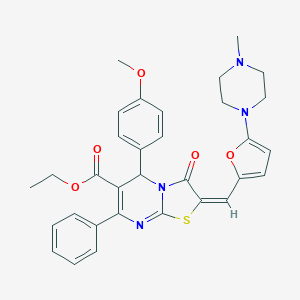 molecular formula C32H32N4O5S B306908 ethyl 5-(4-methoxyphenyl)-2-{[5-(4-methyl-1-piperazinyl)-2-furyl]methylene}-3-oxo-7-phenyl-2,3-dihydro-5H-[1,3]thiazolo[3,2-a]pyrimidine-6-carboxylate 