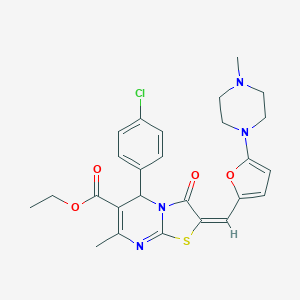 molecular formula C26H27ClN4O4S B306912 ethyl (2E)-5-(4-chlorophenyl)-7-methyl-2-{[5-(4-methylpiperazin-1-yl)furan-2-yl]methylidene}-3-oxo-2,3-dihydro-5H-[1,3]thiazolo[3,2-a]pyrimidine-6-carboxylate 