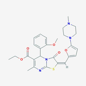 molecular formula C27H30N4O5S B306913 ethyl 5-(2-methoxyphenyl)-7-methyl-2-{[5-(4-methyl-1-piperazinyl)-2-furyl]methylene}-3-oxo-2,3-dihydro-5H-[1,3]thiazolo[3,2-a]pyrimidine-6-carboxylate 