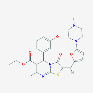 molecular formula C27H30N4O5S B306914 ethyl (2E)-5-(3-methoxyphenyl)-7-methyl-2-{[5-(4-methylpiperazin-1-yl)furan-2-yl]methylidene}-3-oxo-2,3-dihydro-5H-[1,3]thiazolo[3,2-a]pyrimidine-6-carboxylate 