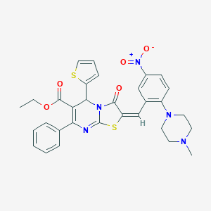 molecular formula C31H29N5O5S2 B306918 ethyl 2-[5-nitro-2-(4-methyl-1-piperazinyl)benzylidene]-3-oxo-7-phenyl-5-(2-thienyl)-2,3-dihydro-5H-[1,3]thiazolo[3,2-a]pyrimidine-6-carboxylate 