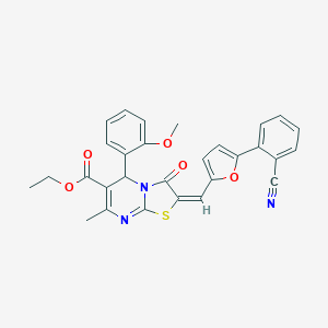 molecular formula C29H23N3O5S B306920 ethyl 2-{[5-(2-cyanophenyl)-2-furyl]methylene}-5-(2-methoxyphenyl)-7-methyl-3-oxo-2,3-dihydro-5H-[1,3]thiazolo[3,2-a]pyrimidine-6-carboxylate 