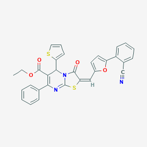 molecular formula C31H21N3O4S2 B306927 ethyl 2-{[5-(2-cyanophenyl)-2-furyl]methylene}-3-oxo-7-phenyl-5-(2-thienyl)-2,3-dihydro-5H-[1,3]thiazolo[3,2-a]pyrimidine-6-carboxylate 
