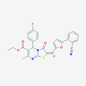 molecular formula C28H20FN3O4S B306929 ethyl 2-{[5-(2-cyanophenyl)-2-furyl]methylene}-5-(4-fluorophenyl)-7-methyl-3-oxo-2,3-dihydro-5H-[1,3]thiazolo[3,2-a]pyrimidine-6-carboxylate 