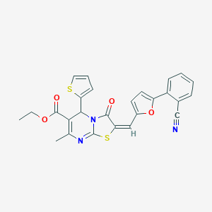molecular formula C26H19N3O4S2 B306931 ethyl 2-{[5-(2-cyanophenyl)-2-furyl]methylene}-7-methyl-3-oxo-5-(2-thienyl)-2,3-dihydro-5H-[1,3]thiazolo[3,2-a]pyrimidine-6-carboxylate 