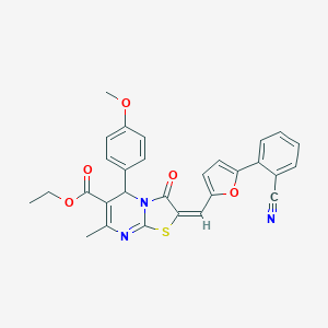 molecular formula C29H23N3O5S B306933 ethyl 2-{[5-(2-cyanophenyl)-2-furyl]methylene}-5-(4-methoxyphenyl)-7-methyl-3-oxo-2,3-dihydro-5H-[1,3]thiazolo[3,2-a]pyrimidine-6-carboxylate 