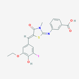 molecular formula C20H17IN2O5S B306957 3-{[5-(3-Ethoxy-4-hydroxy-5-iodobenzylidene)-3-methyl-4-oxo-1,3-thiazolidin-2-ylidene]amino}benzoic acid 