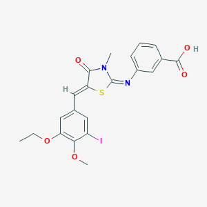 molecular formula C21H19IN2O5S B306961 3-{[5-(3-Ethoxy-5-iodo-4-methoxybenzylidene)-3-methyl-4-oxo-1,3-thiazolidin-2-ylidene]amino}benzoic acid 