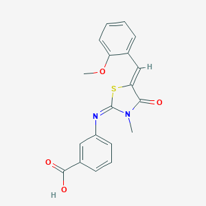 molecular formula C19H16N2O4S B306979 3-{[(2E,5Z)-5-(2-methoxybenzylidene)-3-methyl-4-oxo-1,3-thiazolidin-2-ylidene]amino}benzoic acid 