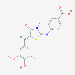 molecular formula C19H15IN2O5S B307011 4-{[5-(4-Hydroxy-3-iodo-5-methoxybenzylidene)-3-methyl-4-oxo-1,3-thiazolidin-2-ylidene]amino}benzoic acid 