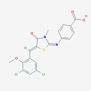 molecular formula C19H14Cl2N2O4S B307013 4-{[5-(3,5-Dichloro-2-methoxybenzylidene)-3-methyl-4-oxo-1,3-thiazolidin-2-ylidene]amino}benzoic acid 