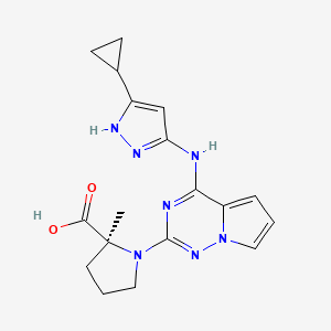 molecular formula C18H21N7O2 B3070157 L-脯氨酸，1-[4-[(5-环丙基-1H-吡唑-3-基)氨基]吡咯并[2,1-f][1,2,4]三嗪-2-基]-2-甲基- CAS No. 1001353-78-1