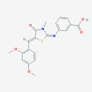 molecular formula C20H18N2O5S B307019 3-{[5-(2,4-Dimethoxybenzylidene)-3-methyl-4-oxo-1,3-thiazolidin-2-ylidene]amino}benzoic acid 