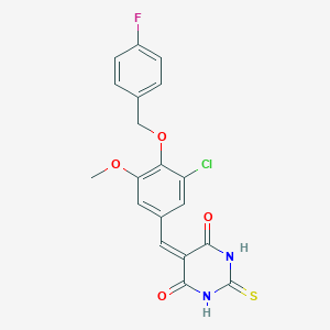 molecular formula C19H14ClFN2O4S B307050 5-{3-chloro-4-[(4-fluorobenzyl)oxy]-5-methoxybenzylidene}-2-thioxodihydro-4,6(1H,5H)-pyrimidinedione 
