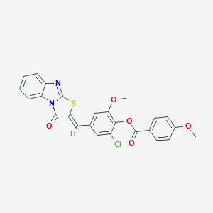 molecular formula C25H17ClN2O5S B307060 2-chloro-6-methoxy-4-[(3-oxo[1,3]thiazolo[3,2-a]benzimidazol-2(3H)-ylidene)methyl]phenyl 4-methoxybenzoate 