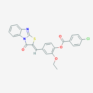 molecular formula C25H17ClN2O4S B307061 2-ethoxy-4-[(3-oxo[1,3]thiazolo[3,2-a]benzimidazol-2(3H)-ylidene)methyl]phenyl 4-chlorobenzoate 