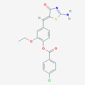 molecular formula C19H15ClN2O4S B307066 2-Ethoxy-4-[(2-imino-4-oxo-1,3-thiazolidin-5-ylidene)methyl]phenyl 4-chlorobenzoate 