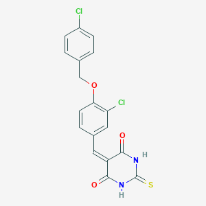 molecular formula C18H12Cl2N2O3S B307071 5-{3-chloro-4-[(4-chlorobenzyl)oxy]benzylidene}-2-thioxodihydropyrimidine-4,6(1H,5H)-dione 