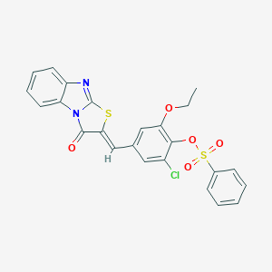 molecular formula C24H17ClN2O5S2 B307073 2-chloro-6-ethoxy-4-[(3-oxo[1,3]thiazolo[3,2-a]benzimidazol-2(3H)-ylidene)methyl]phenyl benzenesulfonate 