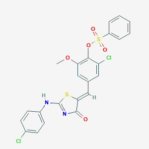 molecular formula C23H16Cl2N2O5S2 B307081 [2-chloro-4-[(Z)-[2-(4-chloroanilino)-4-oxo-1,3-thiazol-5-ylidene]methyl]-6-methoxyphenyl] benzenesulfonate 