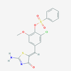 molecular formula C17H13ClN2O5S2 B307083 2-Chloro-4-[(2-imino-4-oxo-1,3-thiazolidin-5-ylidene)methyl]-6-methoxyphenyl benzenesulfonate 