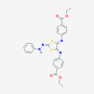 molecular formula C27H24N4O4S2 B307215 Ethyl 4-{[5-{[4-(ethoxycarbonyl)phenyl]imino}-2-(phenylhydrazono)-1,3-dithiolan-4-ylidene]amino}benzoate 