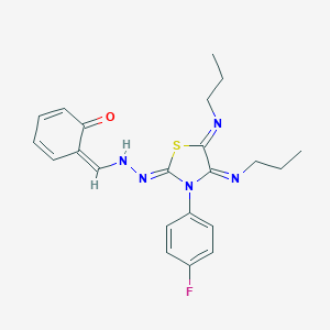 molecular formula C22H24FN5OS B307226 (6Z)-6-[[(2Z)-2-[3-(4-fluorophenyl)-4,5-bis(propylimino)-1,3-thiazolidin-2-ylidene]hydrazinyl]methylidene]cyclohexa-2,4-dien-1-one 