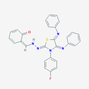 molecular formula C28H20FN5OS B307227 (6Z)-6-[[(2Z)-2-[3-(4-fluorophenyl)-4,5-bis(phenylimino)-1,3-thiazolidin-2-ylidene]hydrazinyl]methylidene]cyclohexa-2,4-dien-1-one 