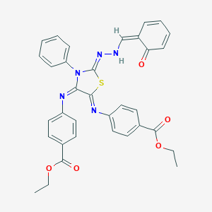 molecular formula C34H29N5O5S B307231 ethyl 4-[[(2Z)-5-(4-ethoxycarbonylphenyl)imino-2-[[(Z)-(6-oxocyclohexa-2,4-dien-1-ylidene)methyl]hydrazinylidene]-3-phenyl-1,3-thiazolidin-4-ylidene]amino]benzoate 