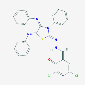 molecular formula C28H19Cl2N5OS B307233 (6Z)-2,4-dichloro-6-[[(2Z)-2-[3-phenyl-4,5-bis(phenylimino)-1,3-thiazolidin-2-ylidene]hydrazinyl]methylidene]cyclohexa-2,4-dien-1-one 