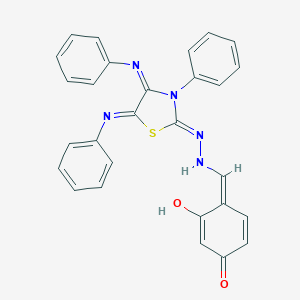 molecular formula C28H21N5O2S B307237 (4Z)-3-hydroxy-4-[[(2Z)-2-[3-phenyl-4,5-bis(phenylimino)-1,3-thiazolidin-2-ylidene]hydrazinyl]methylidene]cyclohexa-2,5-dien-1-one 